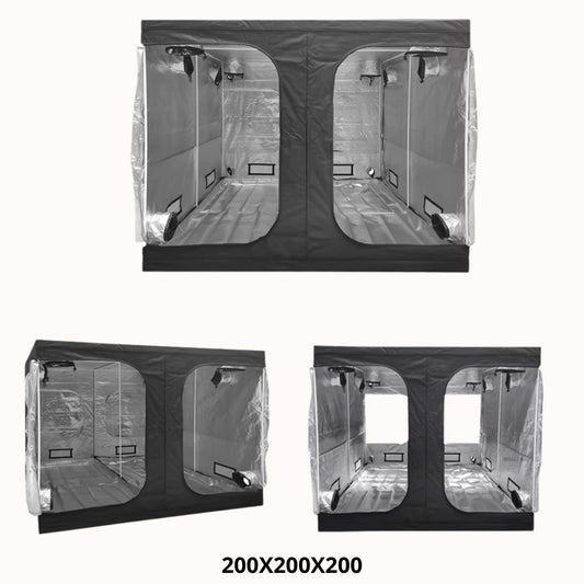 Chambre de culture intérieure avec parois noires, fenêtres transparentes et éclairage intégré visible