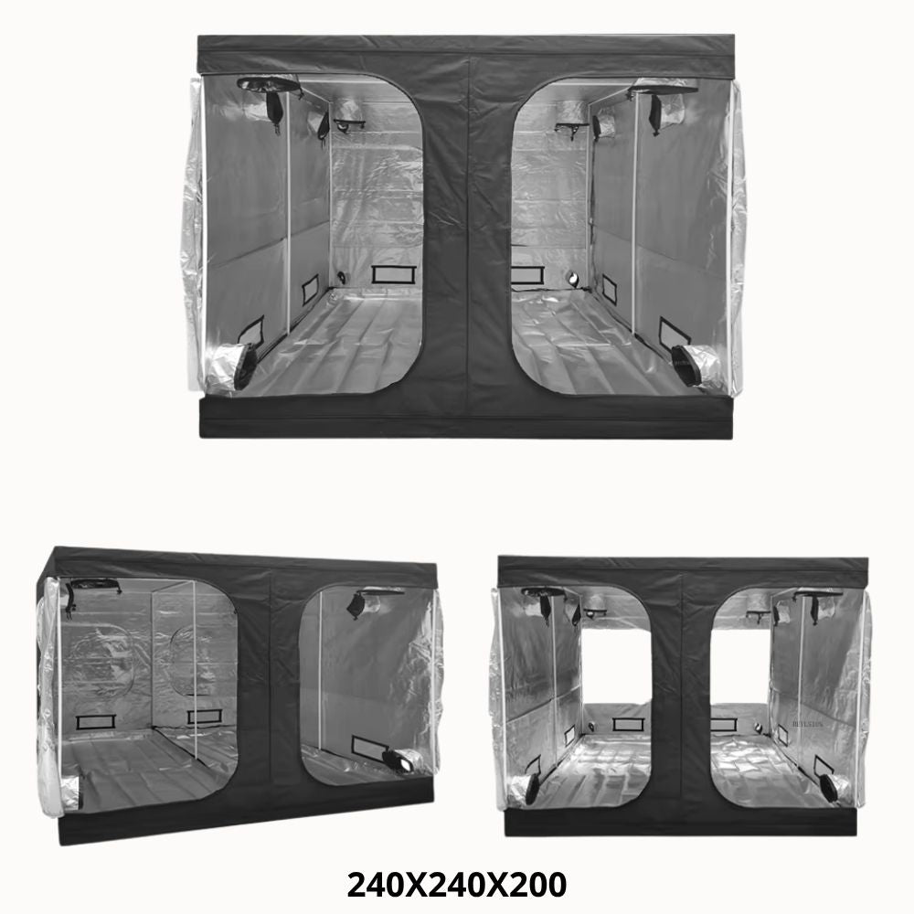 Tente de culture avec parois noires et fenêtres transparentes, intérieur spacieux et sol en plastique