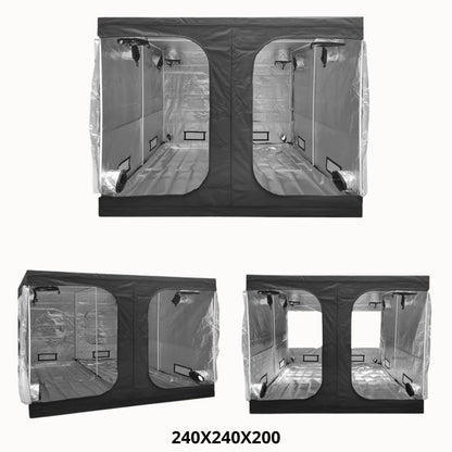 Tente de culture avec parois noires et fenêtres transparentes, intérieur spacieux et sol en plastique
