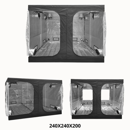 Tente de culture avec parois noires et fenêtres transparentes, intérieur spacieux et sol en plastique