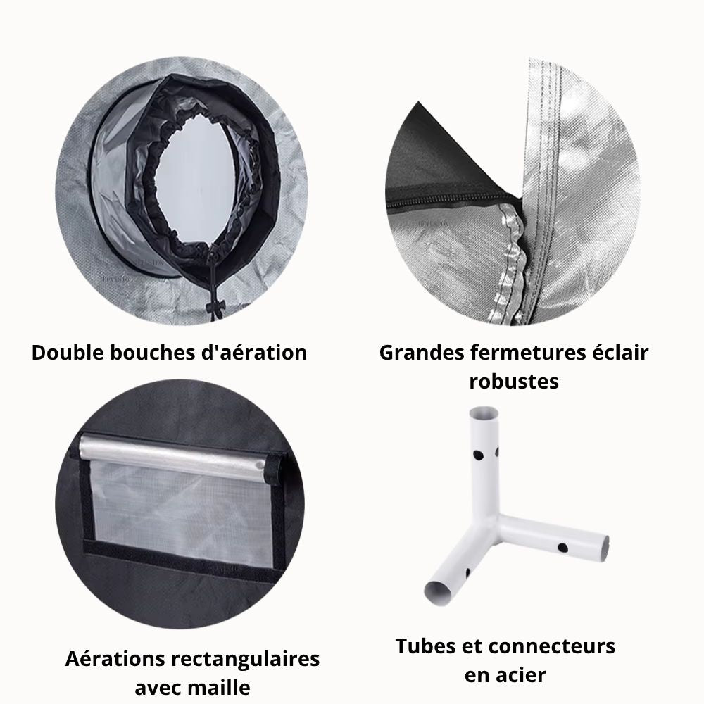Quatre éléments de chambre de culture avec bouches d'aération, fermetures éclair et tubes en acier