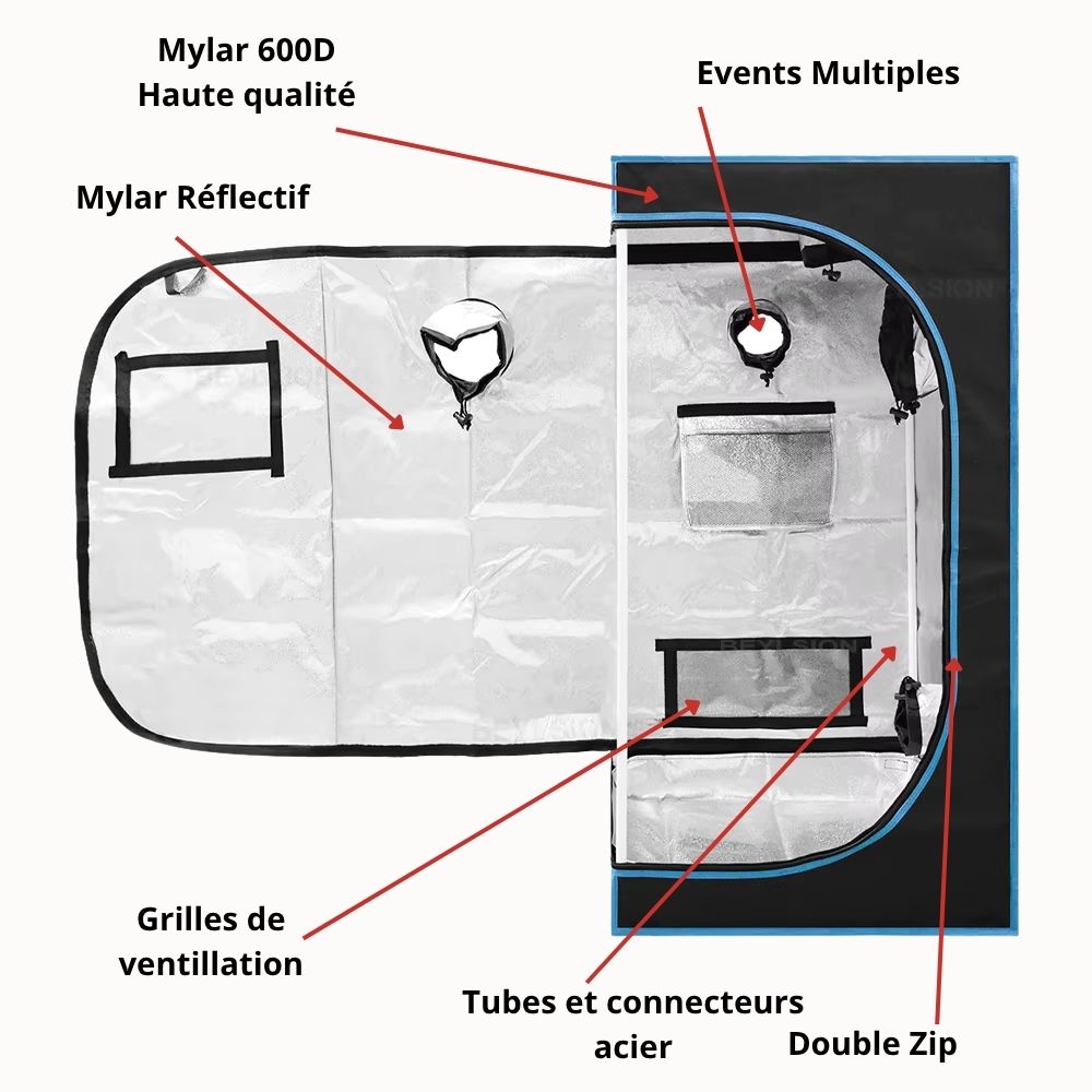 Tente de culture en mylar avec fenêtres, grilles de ventilation et tubes en acier visibles