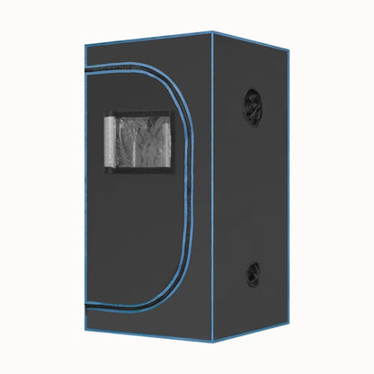 Chambre de culture noire avec contours bleus, porte transparente et aérations sur les côtés
