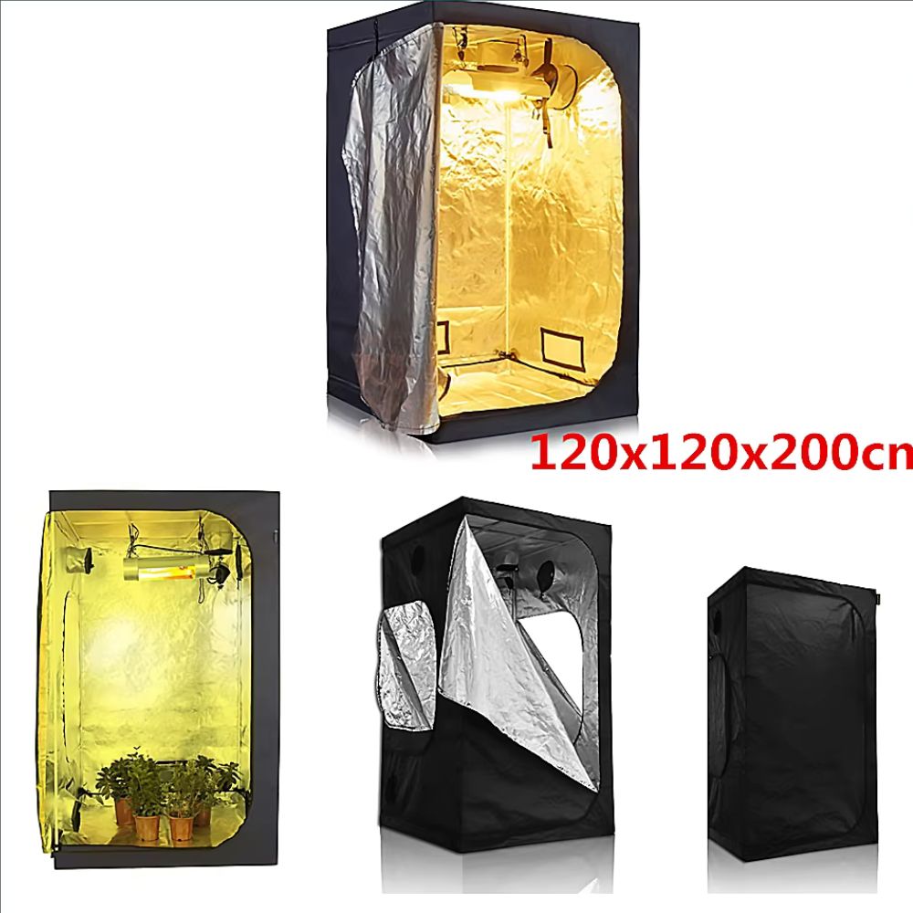Tente de culture avec intérieur mylar argenté, éclairage jaune et structure noire, ouverte sur un côté