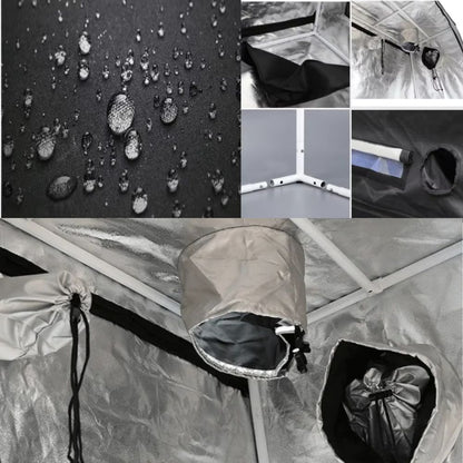 Intérieur d'une chambre de culture avec parois en mylar, gouttes d'eau et éléments en tissu gris et noir
