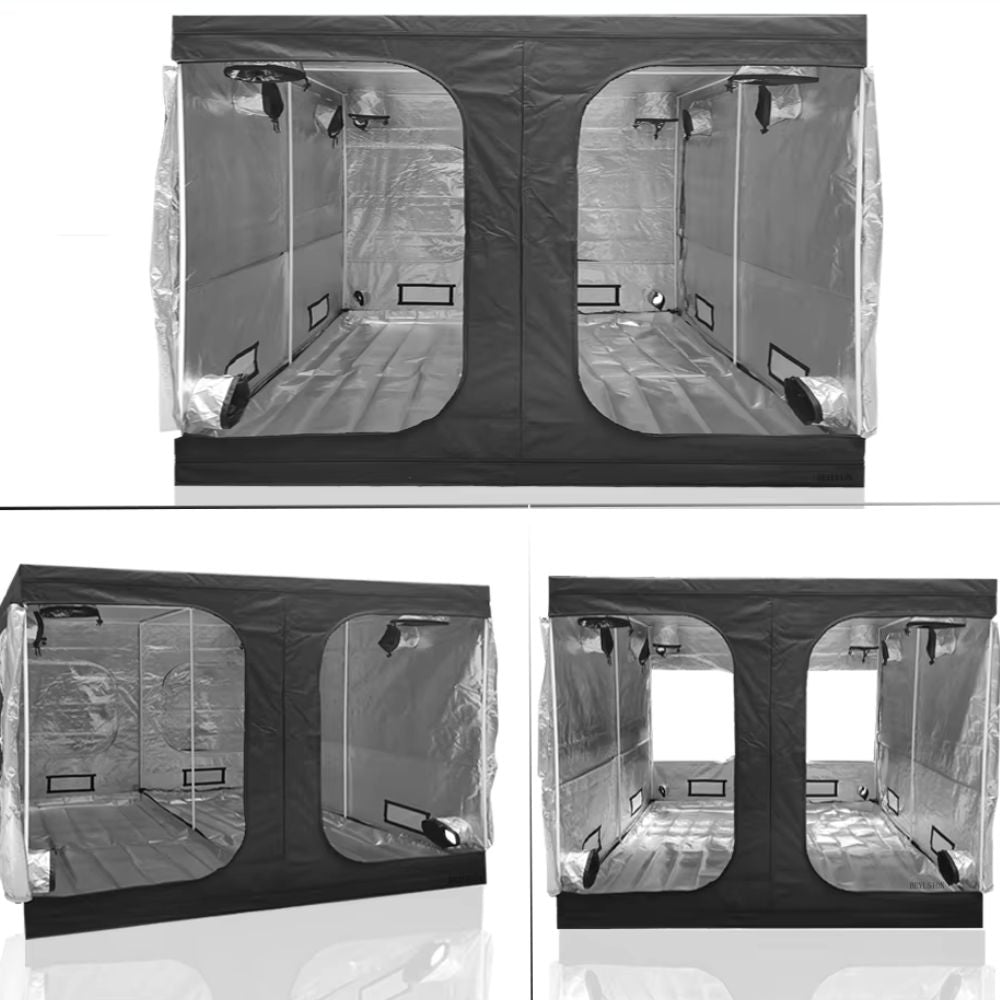 Chambre de culture professionnelle en tissu noir avec fenêtres transparentes et éclairage intérieur visible