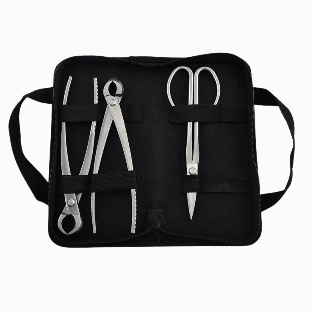 Trois outils de coupe en acier inoxydable présentés dans une trousse noire avec des compartiments