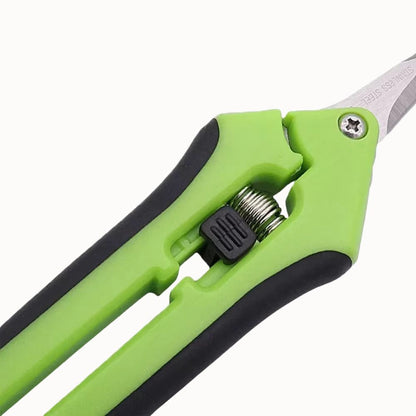 Ciseaux de taille avec poignées vertes et noires, lames effilées et design ergonomique