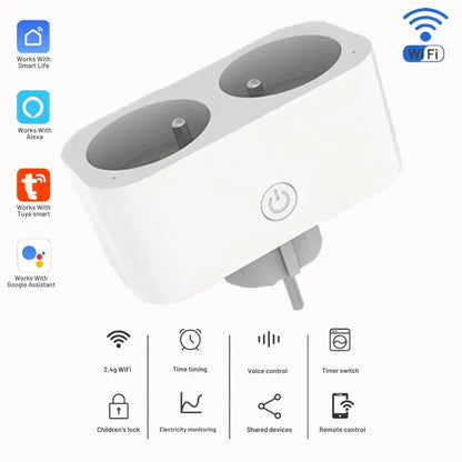 Double prise connectée WiFi blanche avec deux prises, bouton d'alimentation et prise mâle visible