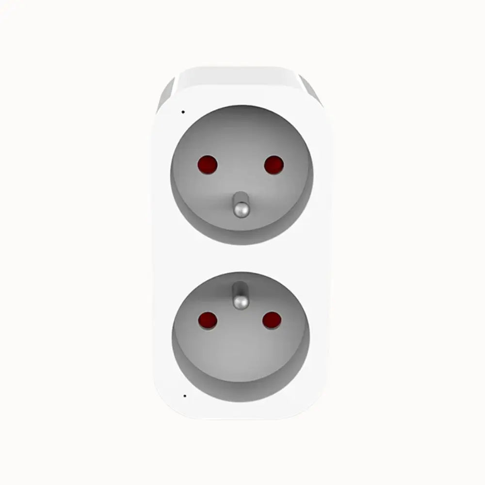 Double prise connectée WiFi blanche avec deux prises rondes et des indicateurs rouges à l'intérieur