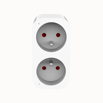 Double prise connectée WiFi blanche avec deux prises rondes et des indicateurs rouges à l'intérieur