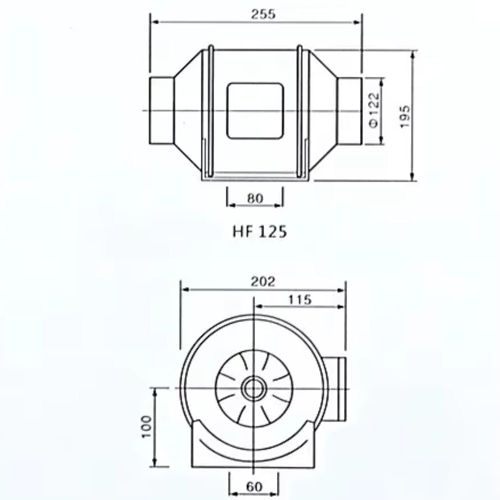 Schéma technique d'un extracteur d'air box culture avec dimensions et détails de conception