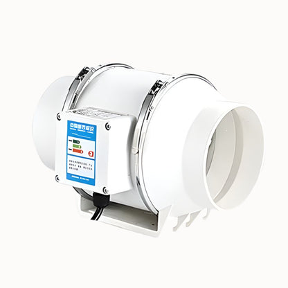 Extracteur d'air de couleur blanche avec un boîtier de contrôle et des connexions pour gaine