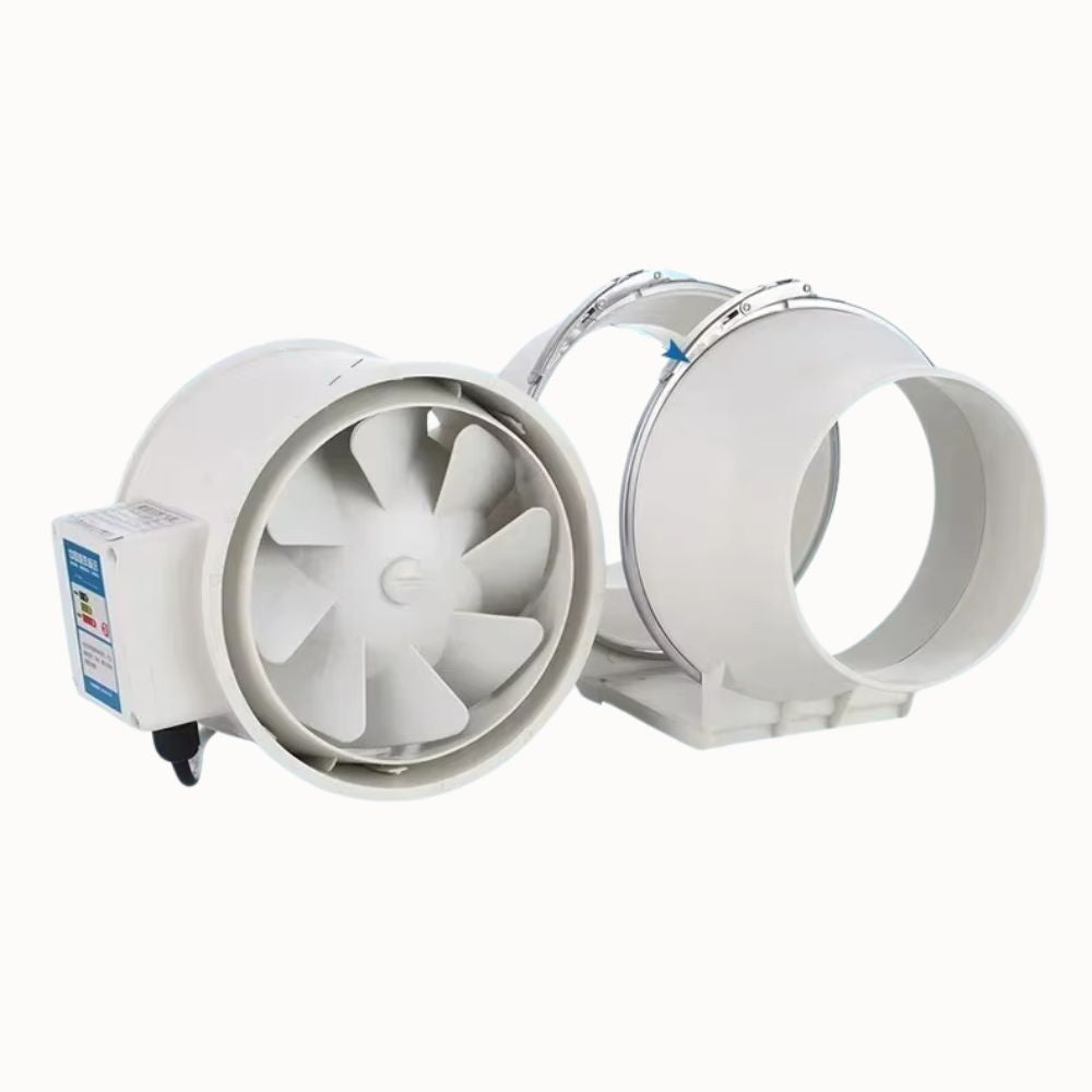 Extracteur d'air de couleur blanche avec un moteur et des gaines visibles, conçu pour la ventilation