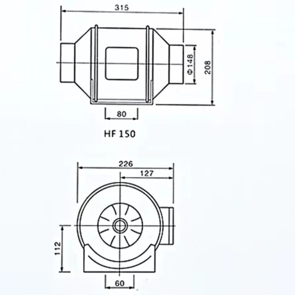 Schéma technique d'un extracteur d'air avec dimensions et détails de conception pour chambre de culture