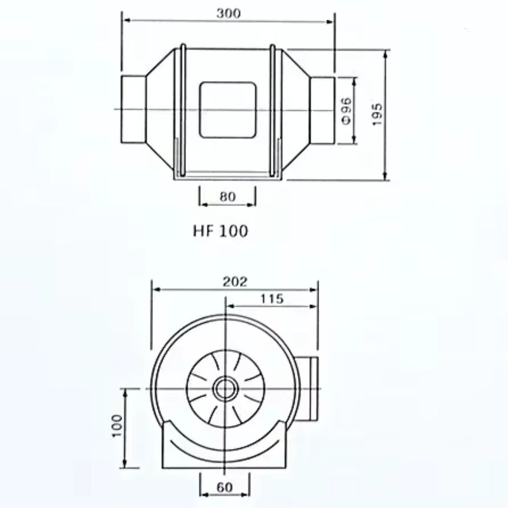 Schéma technique d'un extracteur d'air avec dimensions et design pour culture indoor