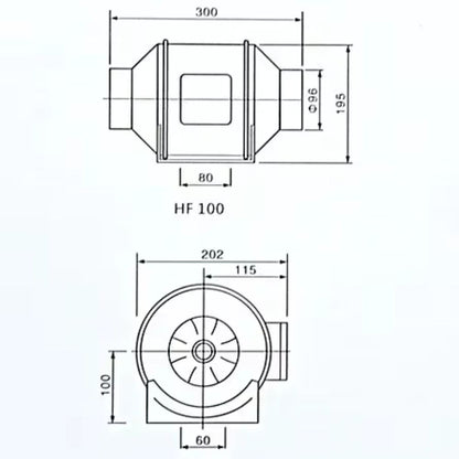 Schéma technique d'un extracteur d'air avec dimensions et design pour culture indoor