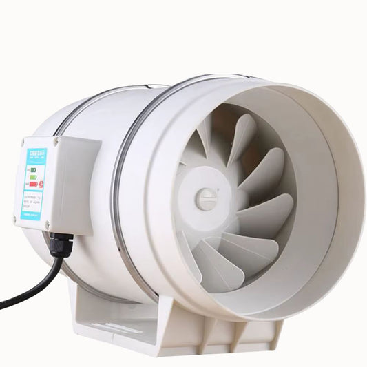 Extracteur d'air de type ventilateur centrifuge avec un boîtier en plastique et un moteur visible