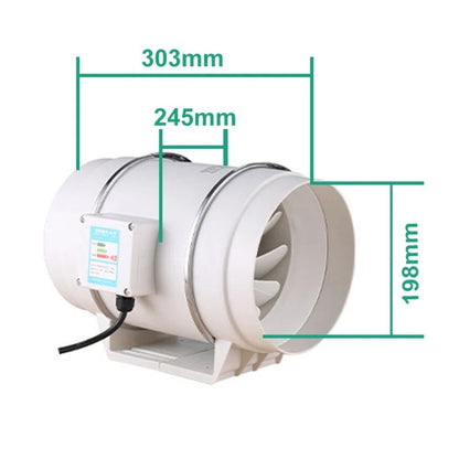 Extracteur d'air de forme cylindrique avec un moteur et des dimensions visibles sur l'image