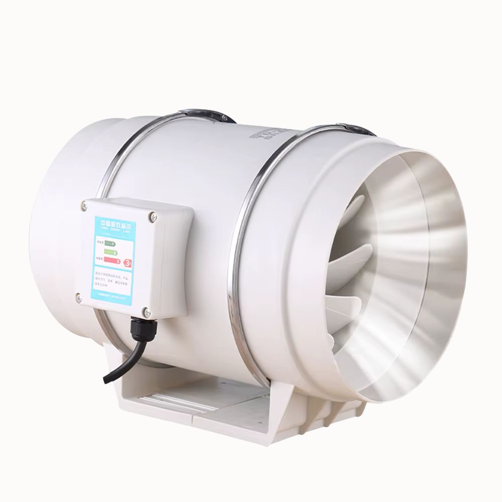 Extracteur d'air de forme cylindrique avec ventilateur centrifuge et connecteur électrique visible