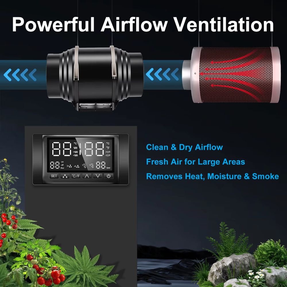 Extracteur d'air silencieux avec affichage numérique et tuyaux de ventilation, adapté pour la culture indoor