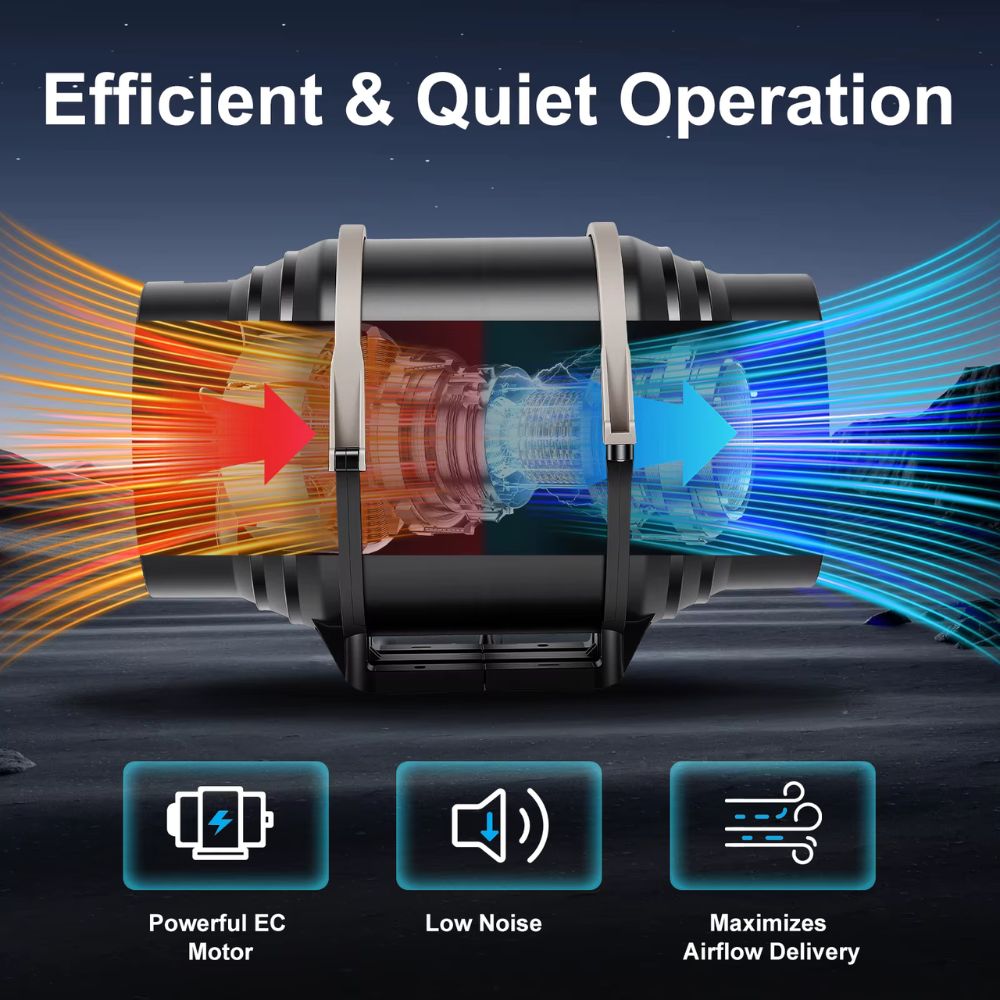 Extracteur d'air silencieux avec moteur EC, montrant des flèches indiquant le flux d'air et le faible bruit