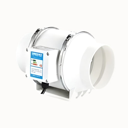 Extracteur d'air de couleur blanche avec un boîtier de contrôle et des connexions pour gaine