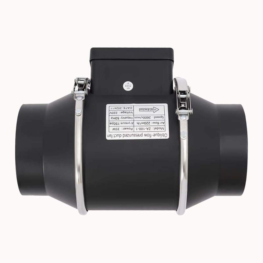 Extracteur d'air silencieux noir avec colliers de serrage et étiquette de spécifications techniques visible