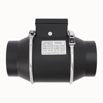 Extracteur d'air silencieux noir avec colliers de serrage et étiquette de spécifications techniques visible