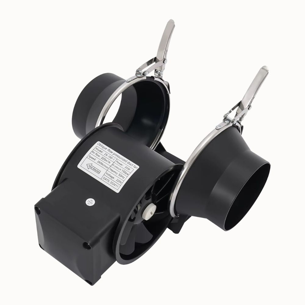 Extracteur d'air silencieux avec deux sorties et un moteur compact, conçu pour une utilisation indoor