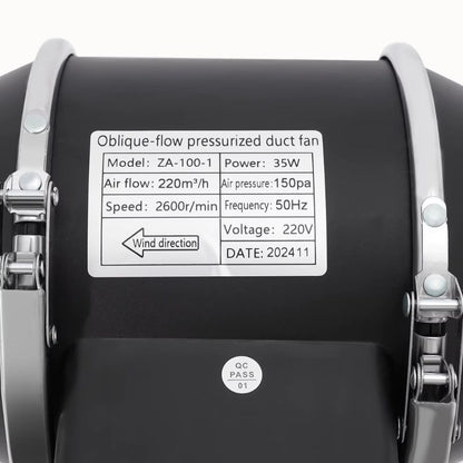 Extracteur d'air silencieux avec étiquette technique et connecteurs en métal, conçu pour une utilisation indoor