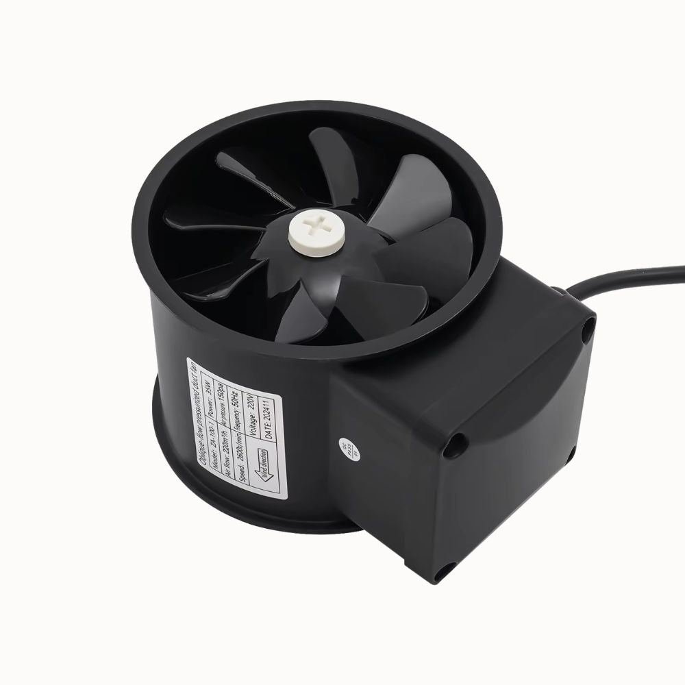 Extracteur d'air silencieux avec un ventilateur noir et un boîtier compact pour culture indoor