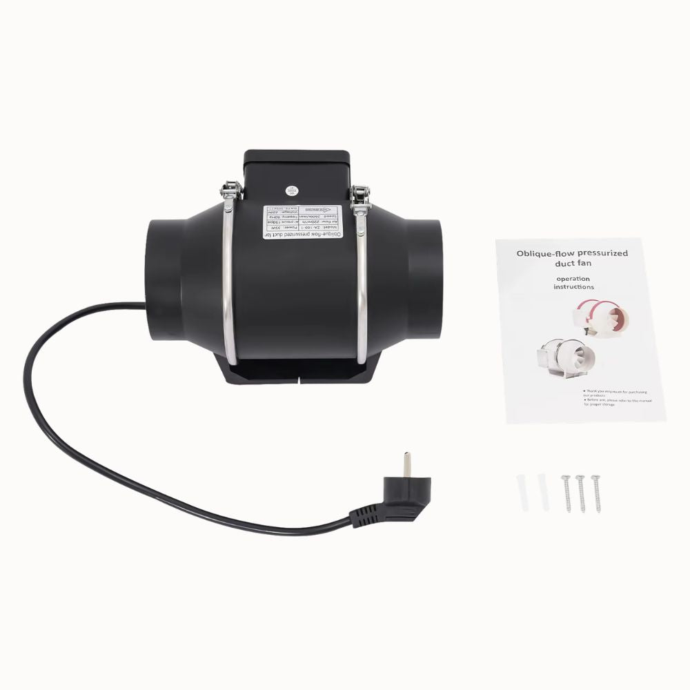 Extracteur d'air silencieux noir avec câble électrique et accessoires de montage sur fond clair