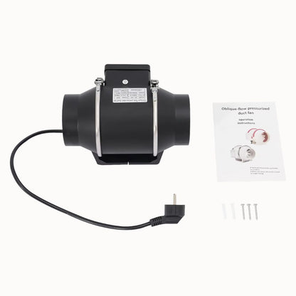 Extracteur d'air silencieux noir avec câble électrique et accessoires de montage sur fond clair