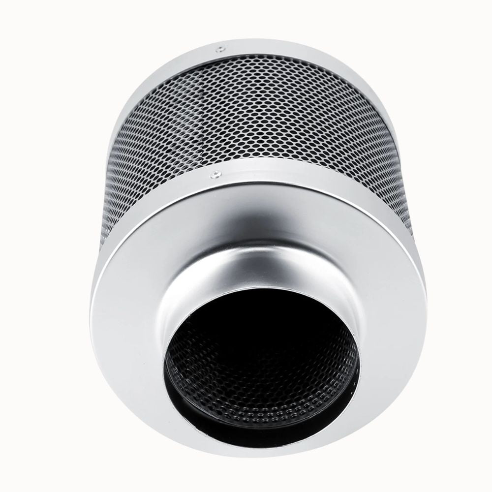 Filtre à charbon en inox de 100mm avec grille en métal et ouverture circulaire visible