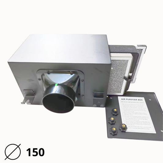 Filtre à charbon de 150 mm avec boîtier en métal et éléments de filtration visibles