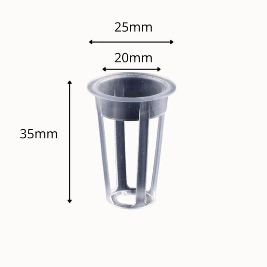 Godet en plastique transparent avec des fentes, forme cylindrique et couleur claire, pour culture hydroponique