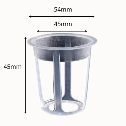 Godet en plastique transparent de forme cylindrique avec des fentes verticales et un fond ajouré