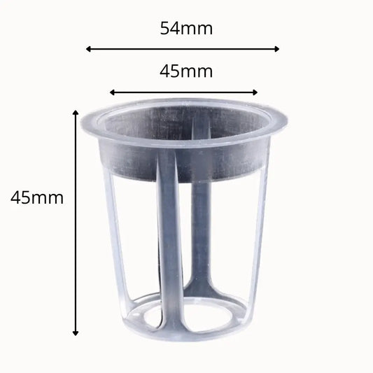 Godet en plastique transparent de forme cylindrique avec des fentes verticales et un fond ajouré