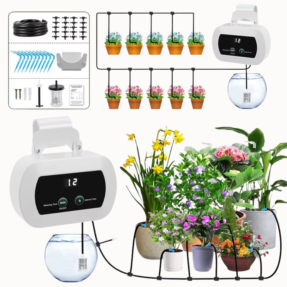 Système d'arrosage automatique avec goutte à goutte pour plantes en pots et réservoir d'eau