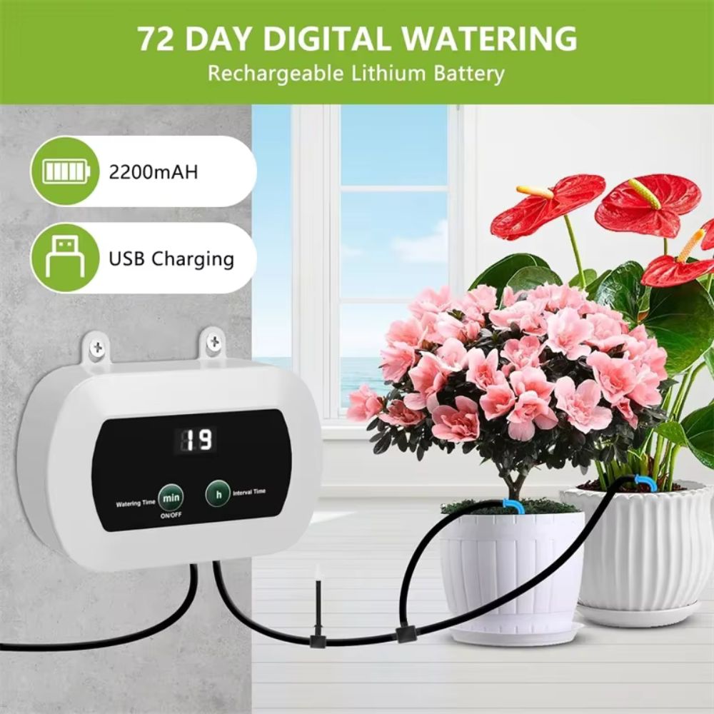 Système d'arrosage automatique avec écran digital et tuyaux pour goutte à goutte de plantes