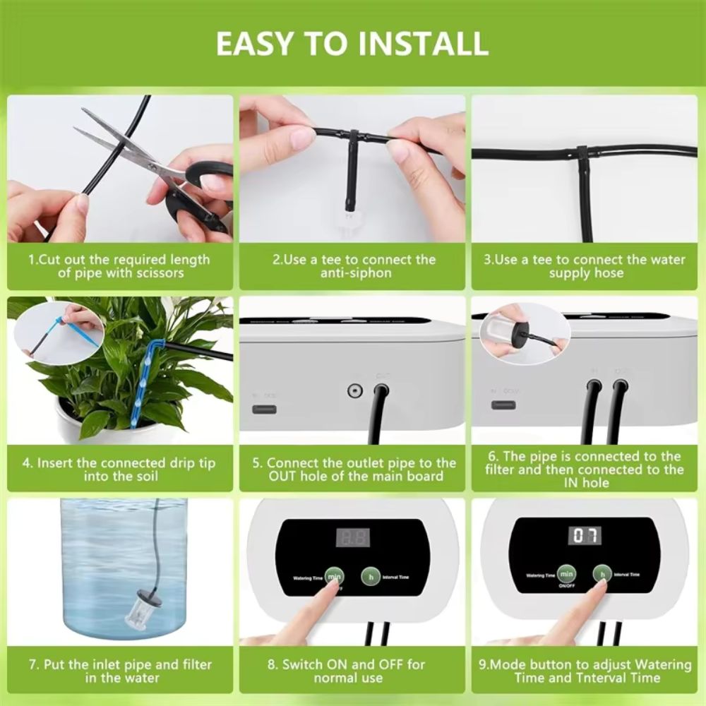 Instructions pour installer un système d'arrosage goutte à goutte avec des étapes illustrées et des outils nécessaires
