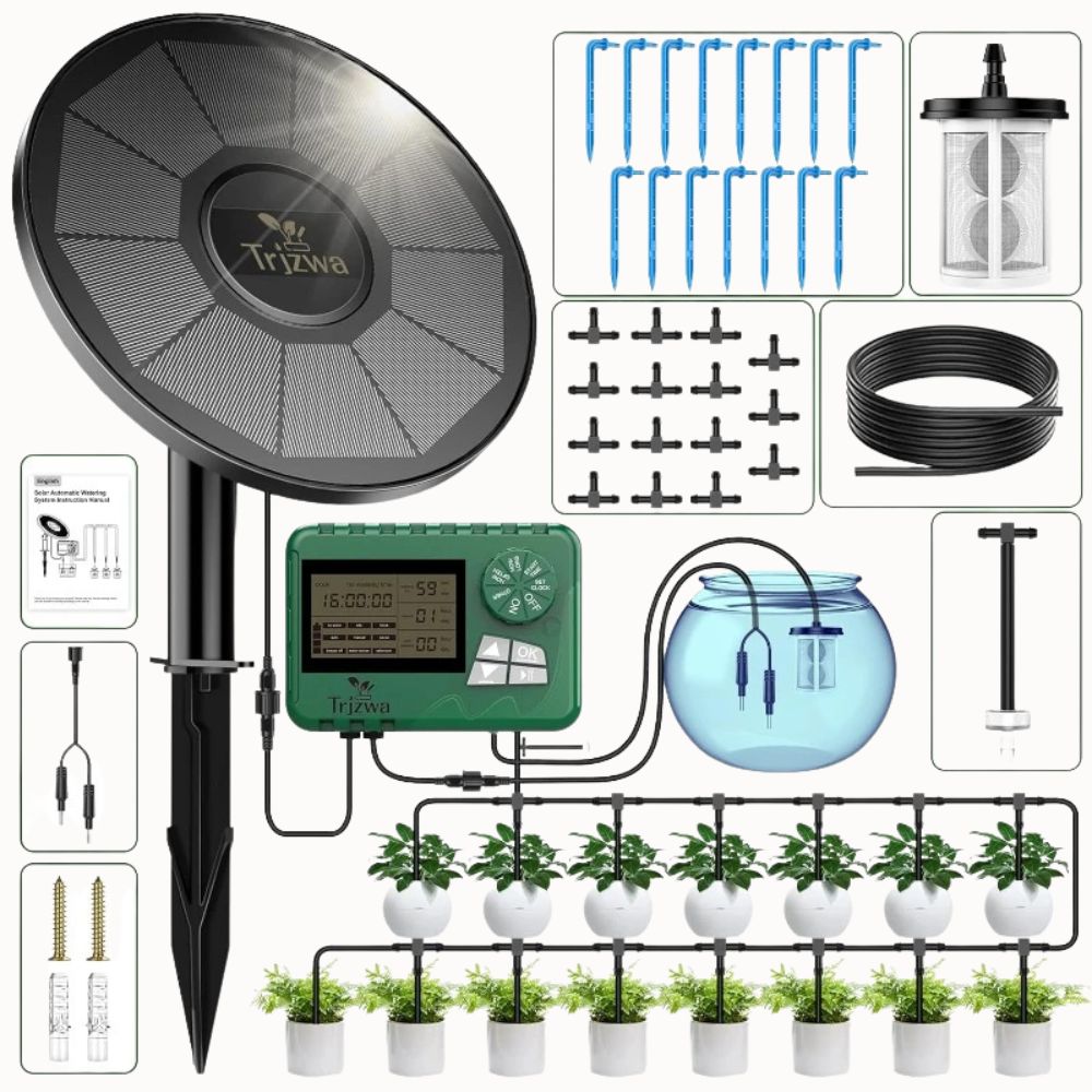 Système d'arrosage goutte à goutte avec panneaux solaires et accessoires pour plantes en pot