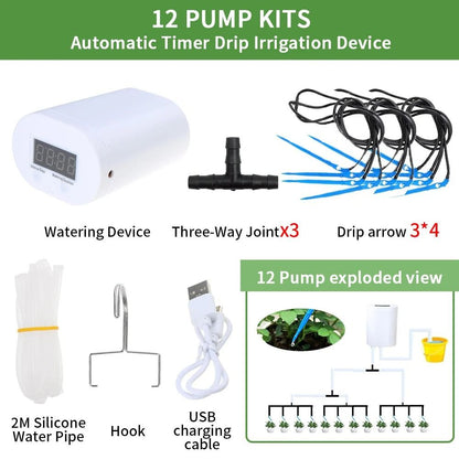 Kit d'irrigation intelligent avec pompe, tuyaux et accessoires pour 12 pots de plantes