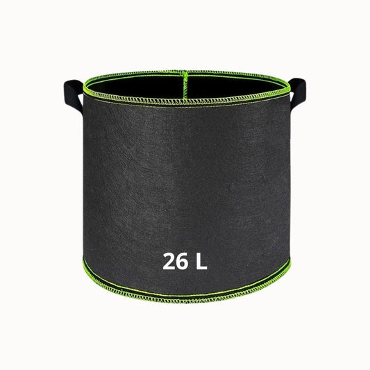 Sac de culture noir avec des coutures vertes, forme cylindrique, conçu pour le jardinage et les légumes