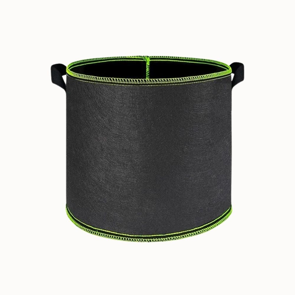 Sac de culture noir avec des poignées, bord vert, forme cylindrique, matière textile apparente