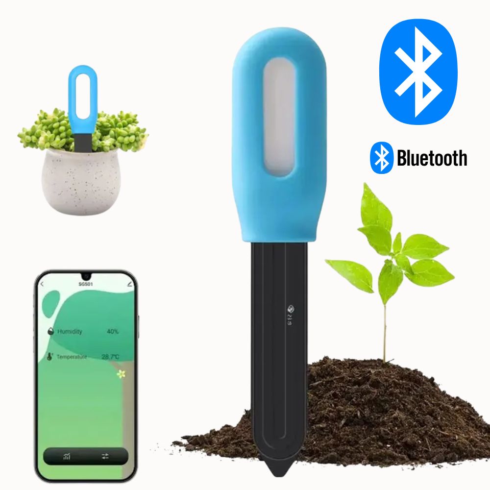 Testeur de sol Bluetooth avec un design bleu, un écran et des éléments de plante verte sur fond de terre