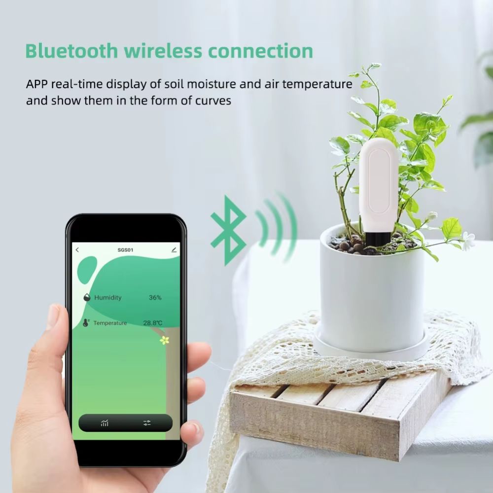 Testeur de sol Bluetooth avec un design blanc, affichant des indicateurs de température et d'humidité sur un fond clair