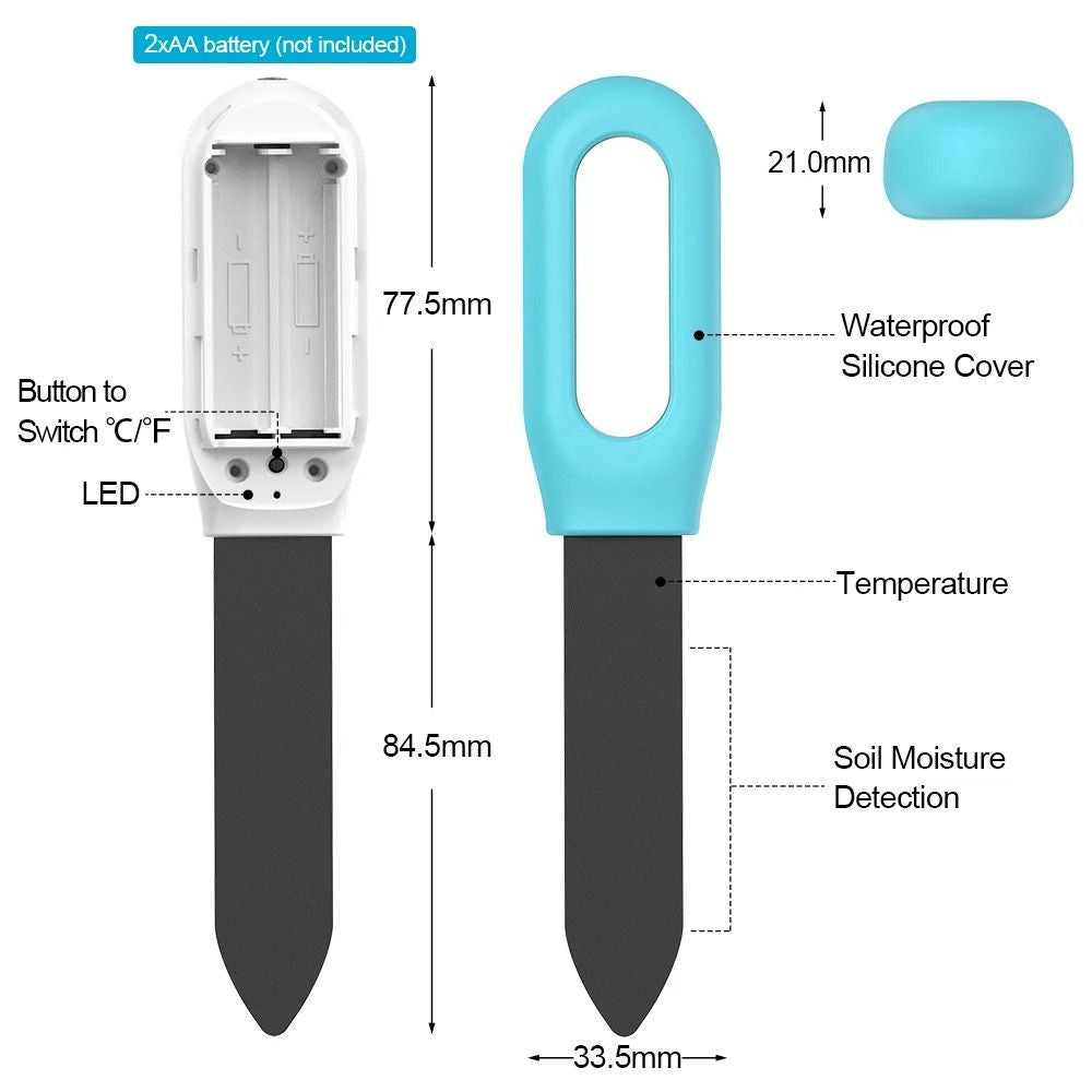 Testeur de sol avec un corps blanc et bleu, sonde noire et couvercle en silicone étanche