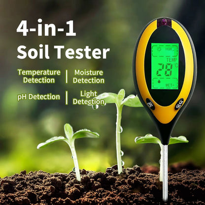 Testeur de sol 4-en-1 avec écran LCD, affichant des indicateurs de température et d'humidité, couleur verte et noire